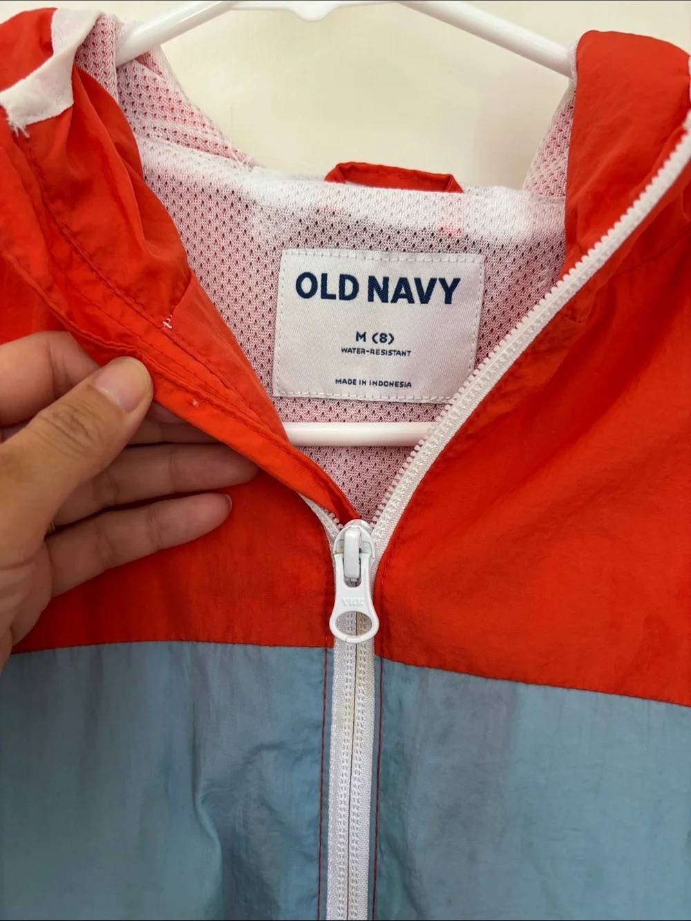 Old Navy Kids Colorblock Hooded Windbreaker - Red/Light Blue/White